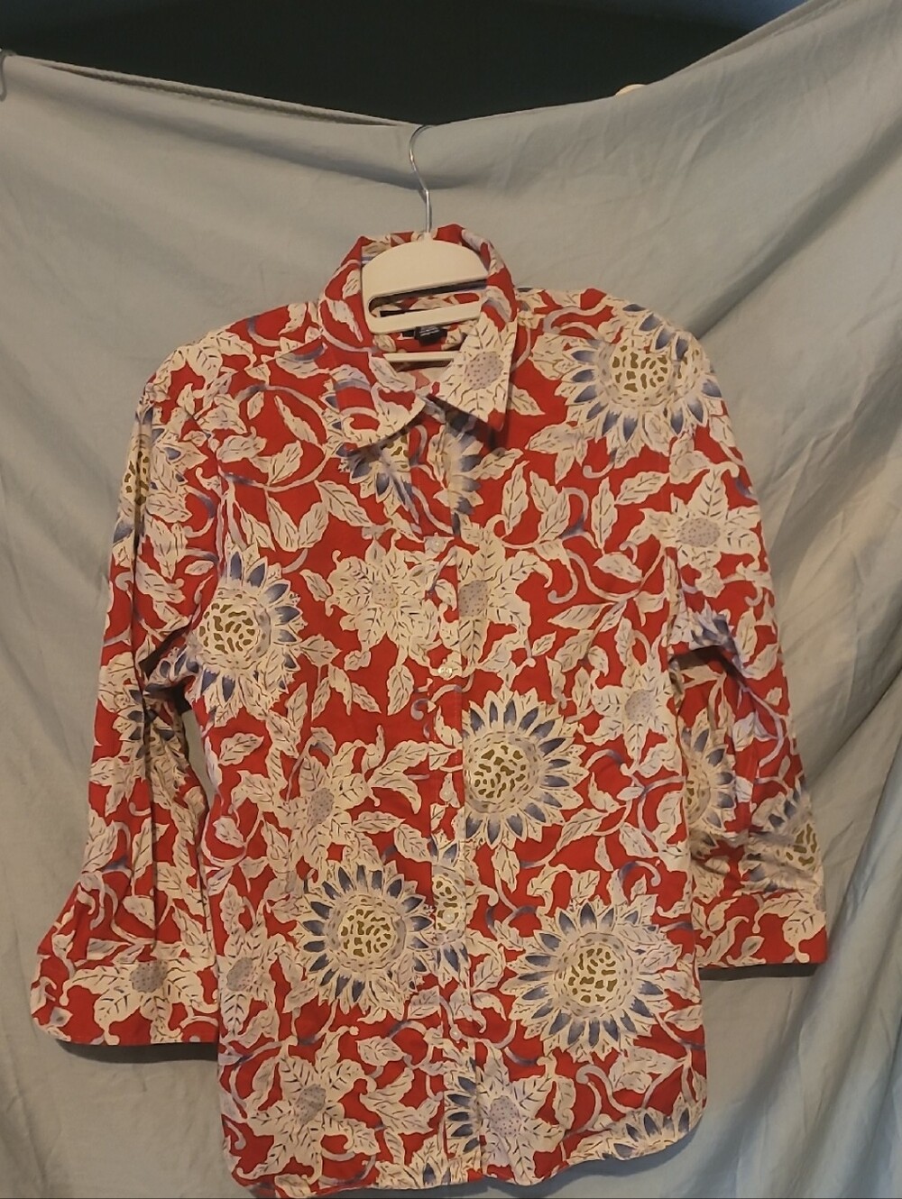 Chaps Red Floral Button-Down Shirt with Cream and Blue Accents